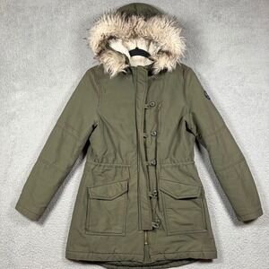 American Eagle Outfitters Olive Green Sherpa Lined Faux Fur Hood Parka Coat M